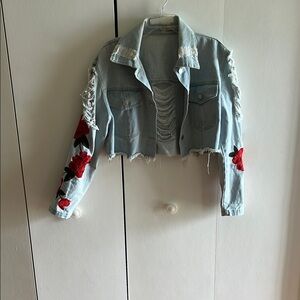 36 point 5 Distressed Cropped Women’s Floral Jean Jacket